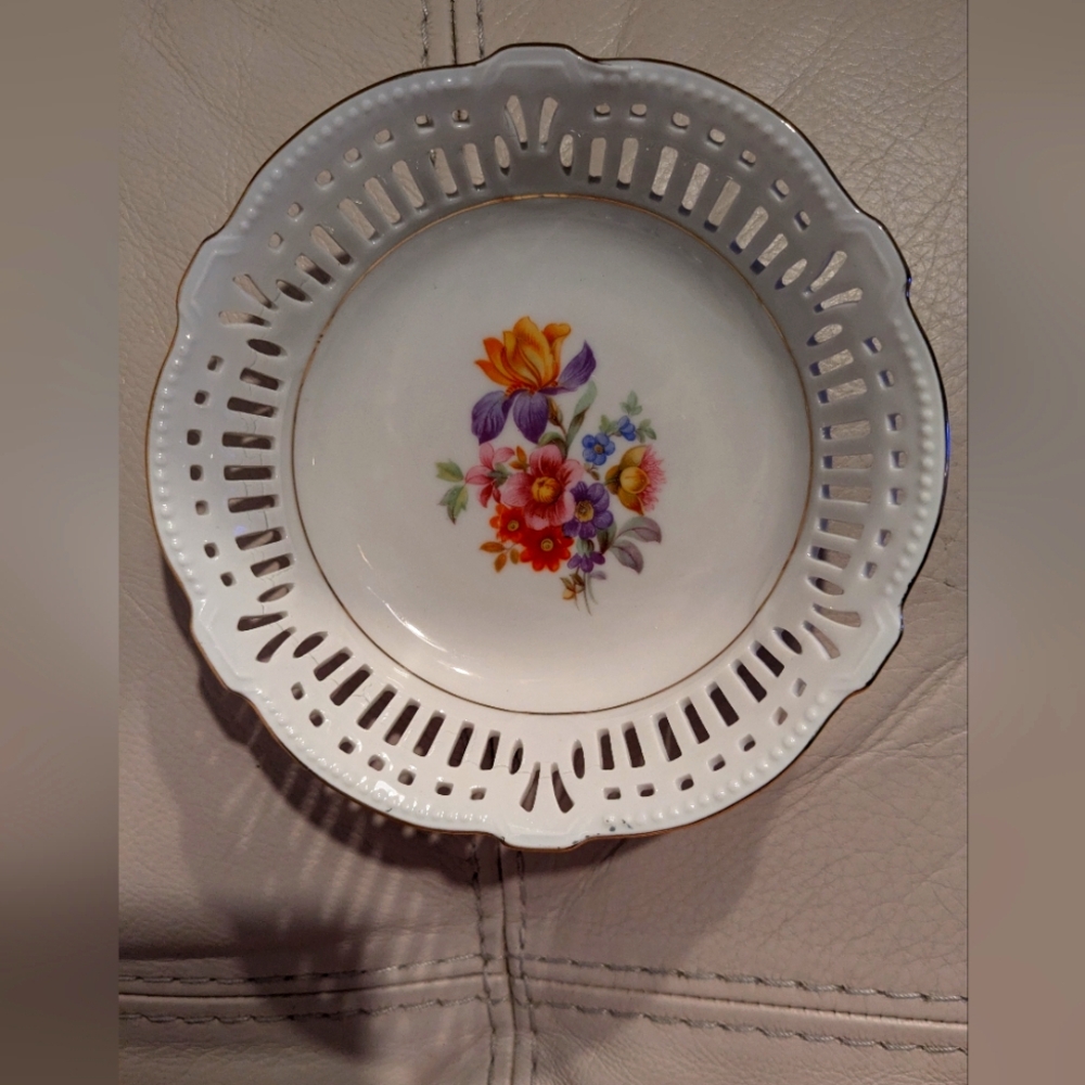 Vintage B.J.L. Germany Reticulated Porcelain Gold Trims Floral Bowl